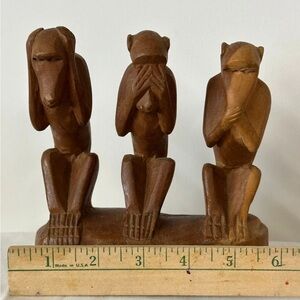 Hand-Carved Wooden Three Wise Monkeys Statue - Brown